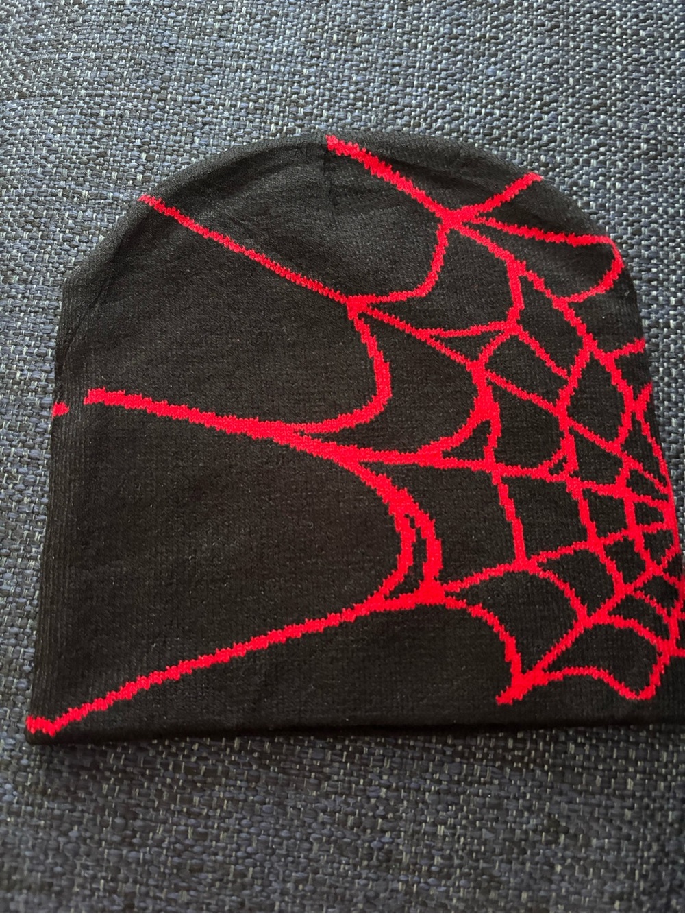 Black Beanie with Red Spiderweb Knit Design